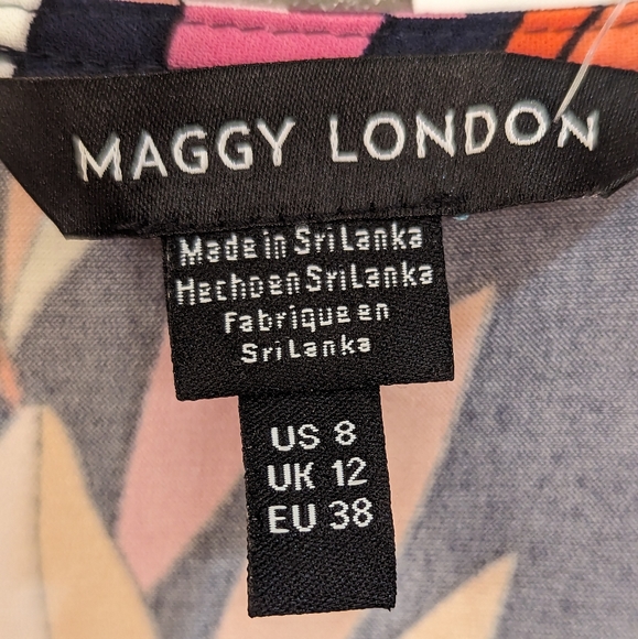 Maggy London "Leana" Wrap Midi Dress Navy Pastel Leaf Floral Print Sz 8 - Picture 8 of 10